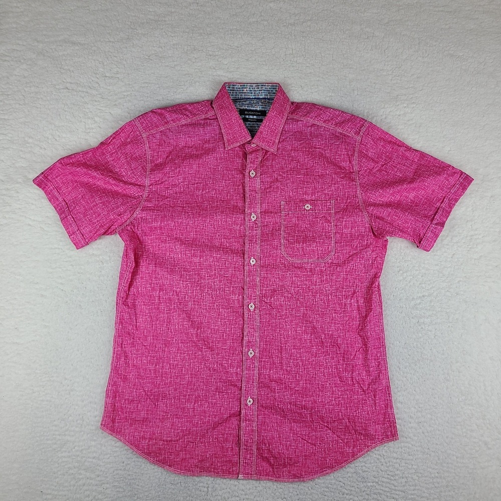 BUGATCHI‎ Shirt Mens Large Hot Pink Shaped Fit Casual Preppy Cotton Button Up